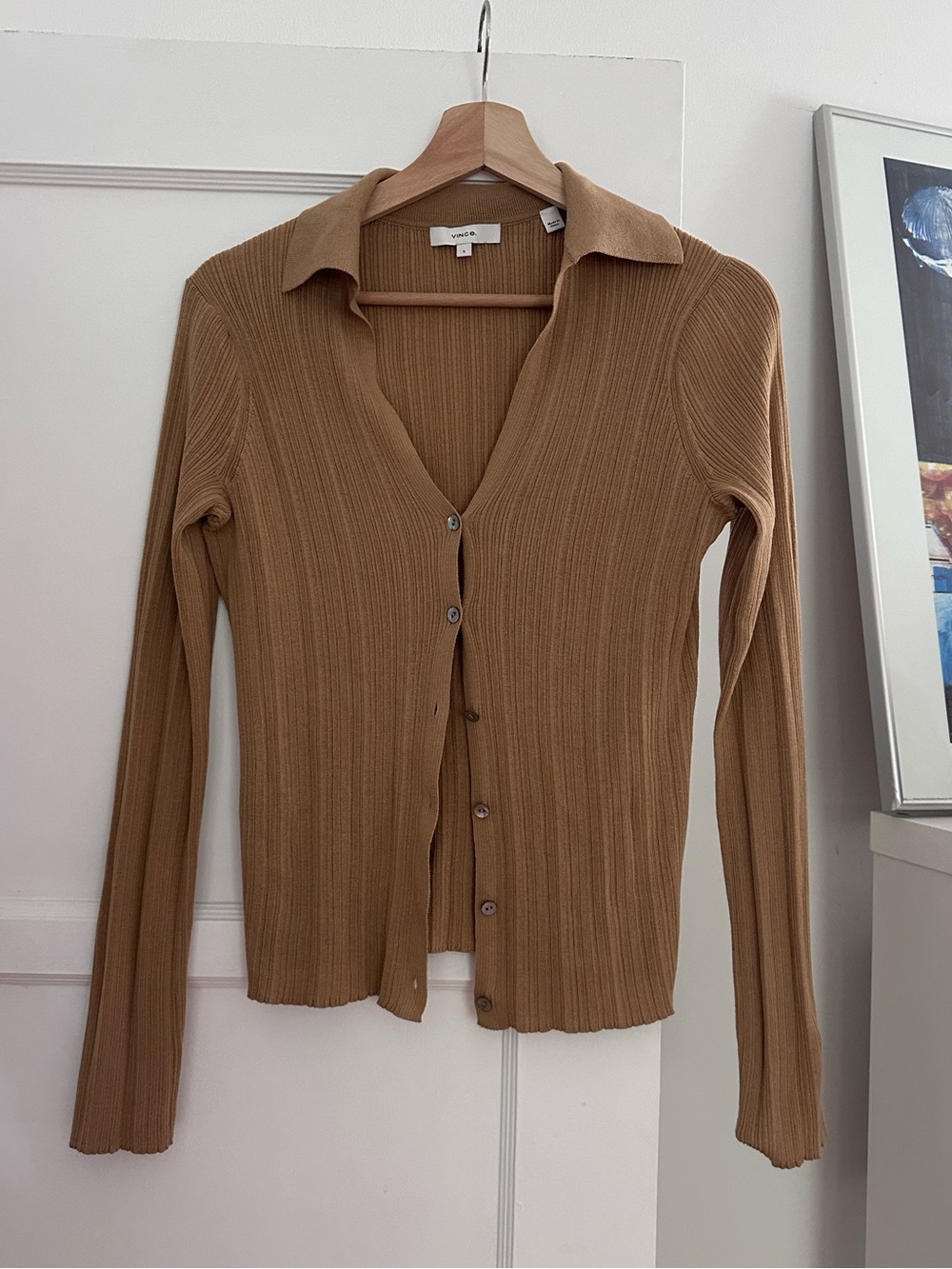 Vince Ribbed Cotton Collared Cardigan Camel Size S